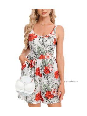 ANYFITTING Women's Sleeveless Romper with Built-in Bra, Short Pants, Pockets